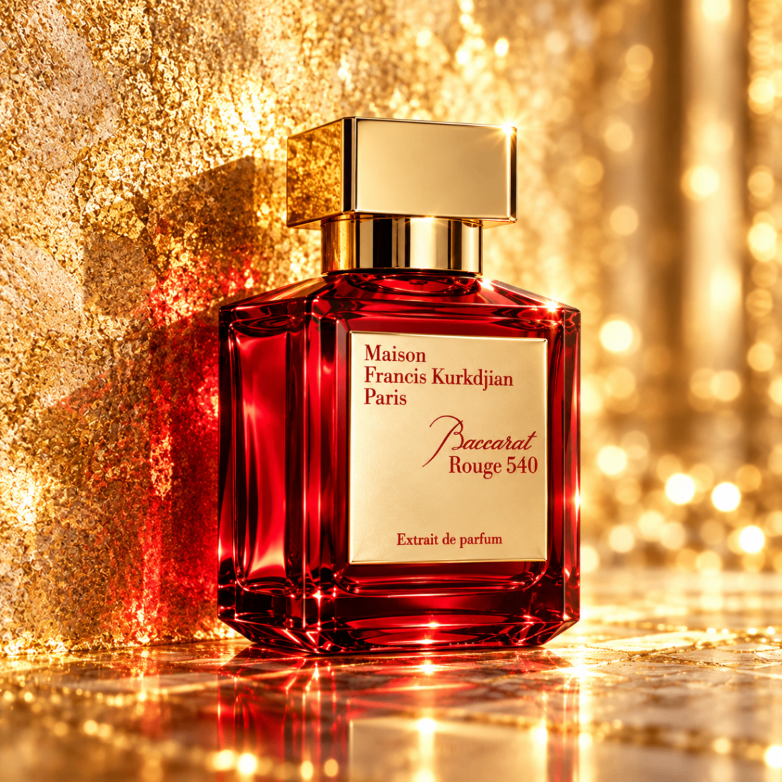 Baccarat Rouge 540 Extrait de Parfum in warm golden light